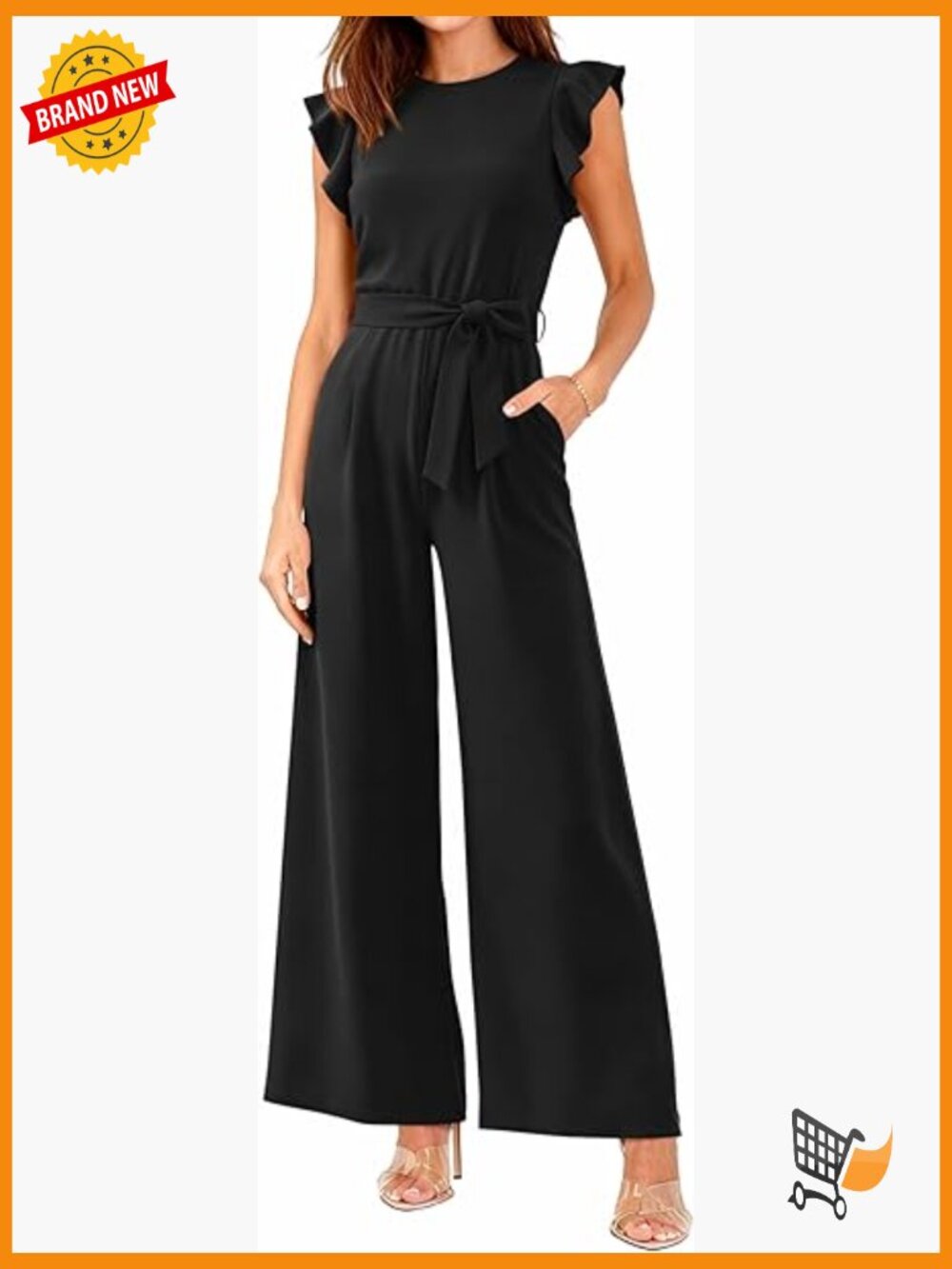 Crew Neck Cap Sleeve Wide Leg Jumpsuit Romper High Waist Belted Pocket Stretchy